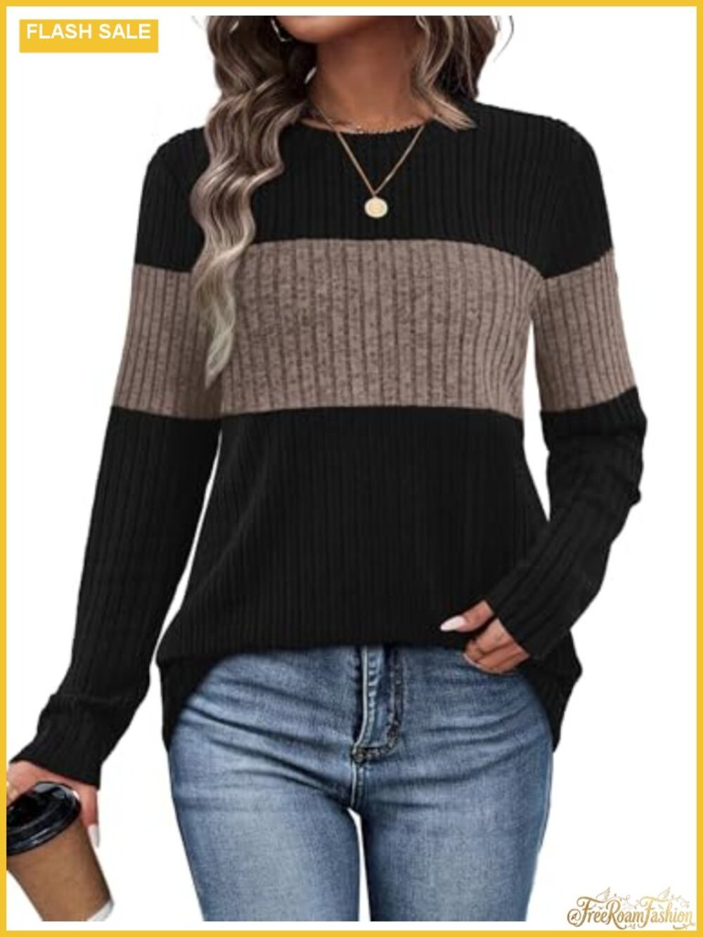 Womens Color Block Pullover Sweater Long Sleeve Crew Neck Tunic Top